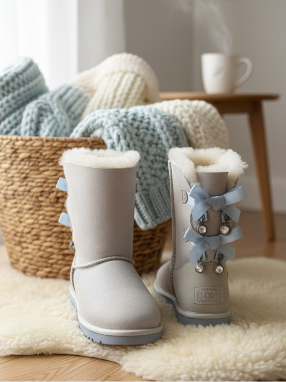 UGG Bailey Bow Bling SWAROVSKI Crystal Charm Boots Shimmer Sheepskin Blue Size 9